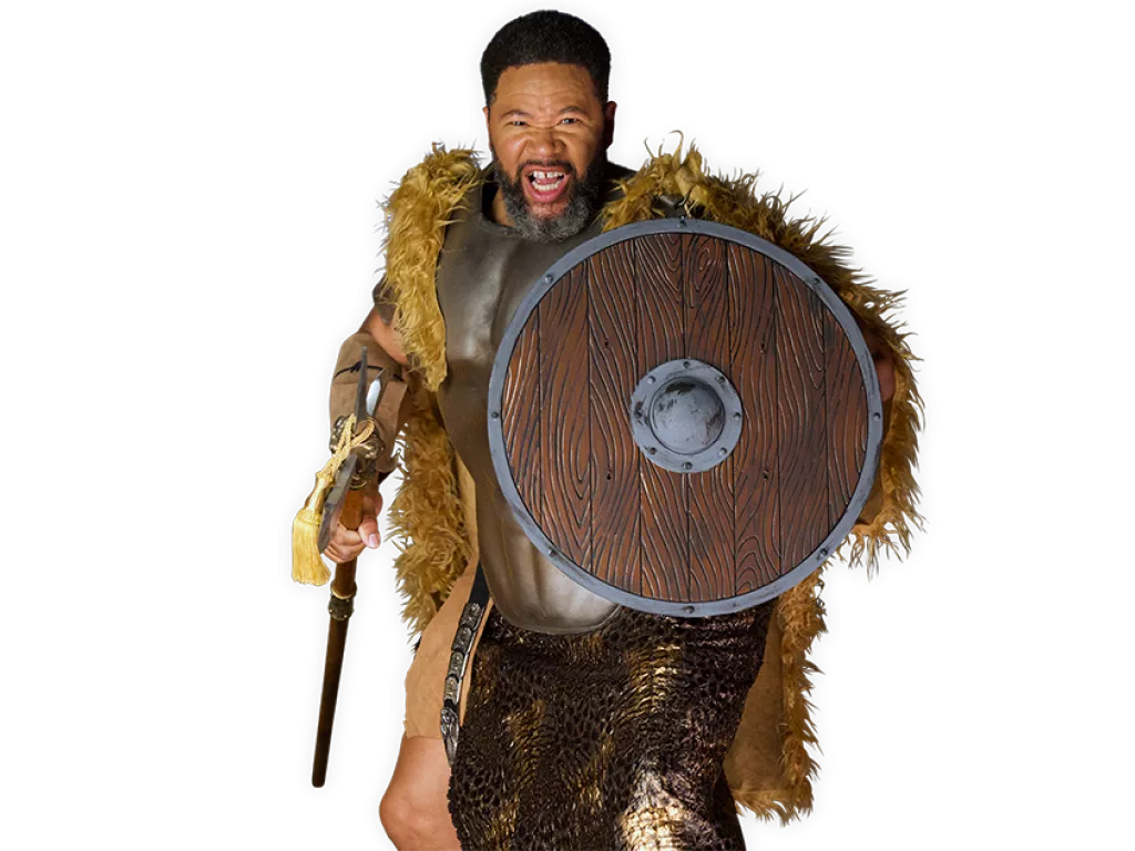 Viking warrior Gunnar holding a sword and shield