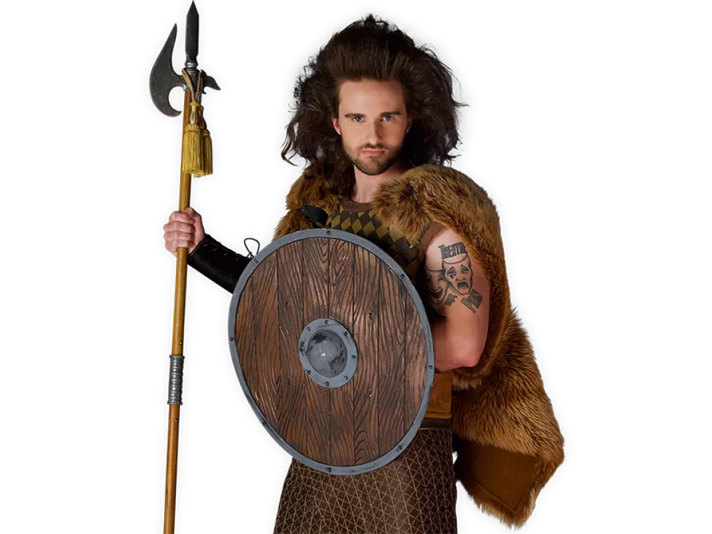 Viking warrior Ivar holding a spear and wooden shield