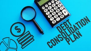 Blue background with calculator and text of "debt consolidation plan"