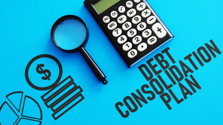 Blue background with calculator and text of "debt consolidation plan"