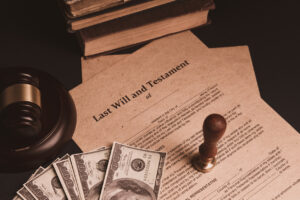 Notary's public pen and stamp on testament and last will. Notary public