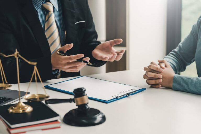 Image of lawyer at desk explaining information to client