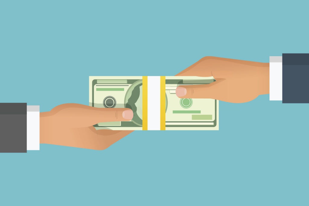 Human hand giving money to other hand vector illustration