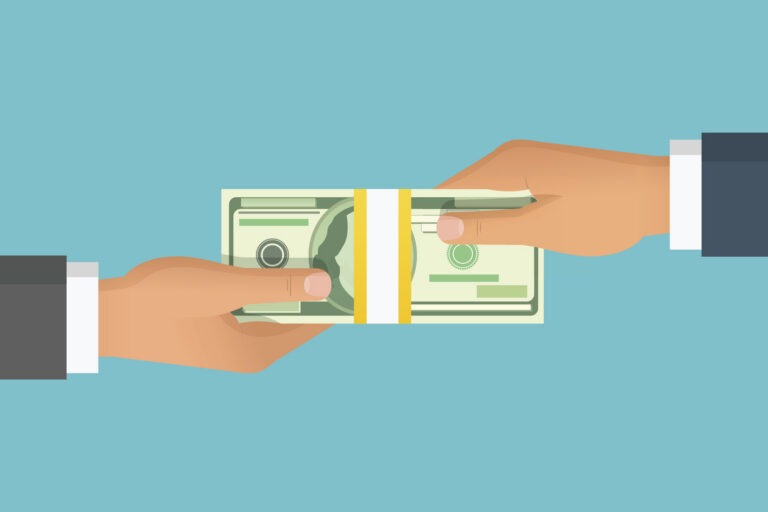 Human hand giving money to other hand vector illustration