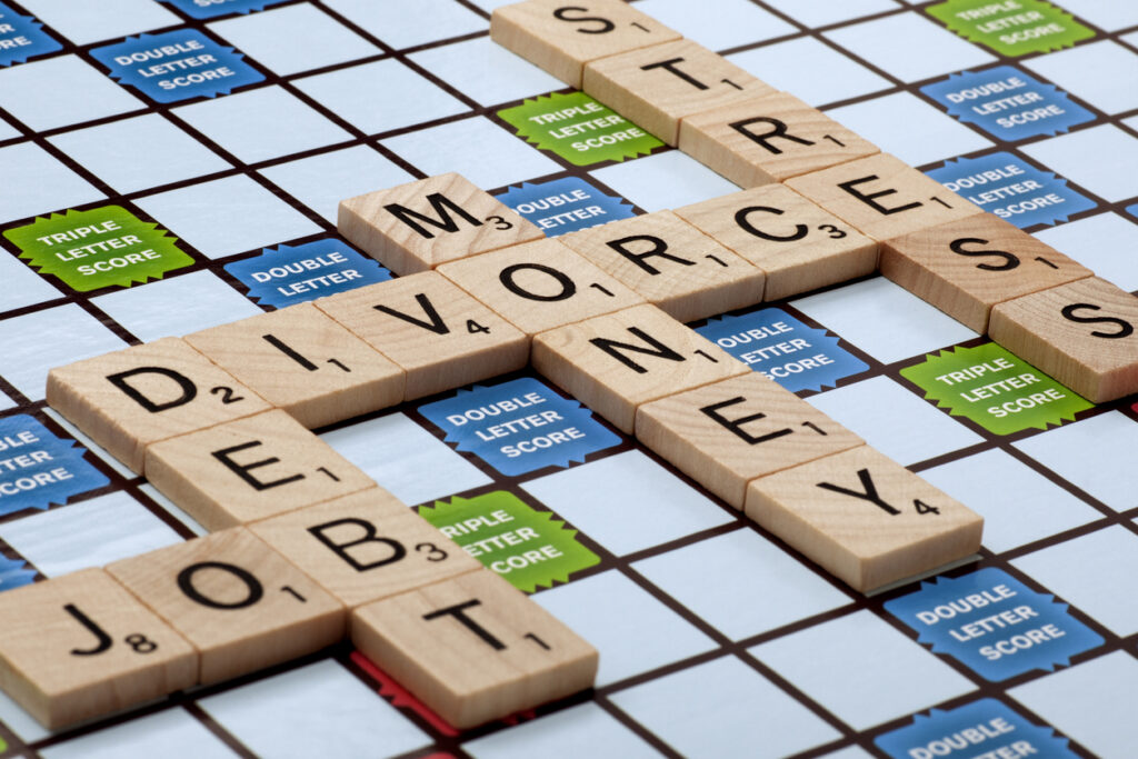 Divorce and financial concepts on game board