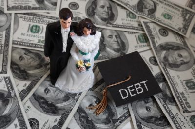 Newly married millennial couple on cash with student debt graduation cap