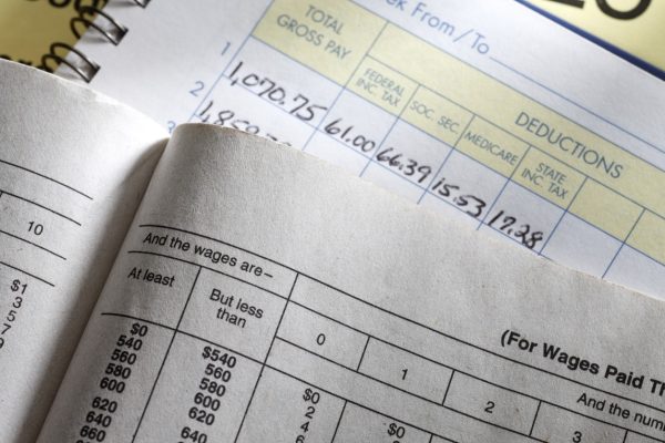 A calculator sitting on a payroll ledger