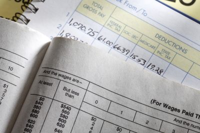 A calculator sitting on a payroll ledger