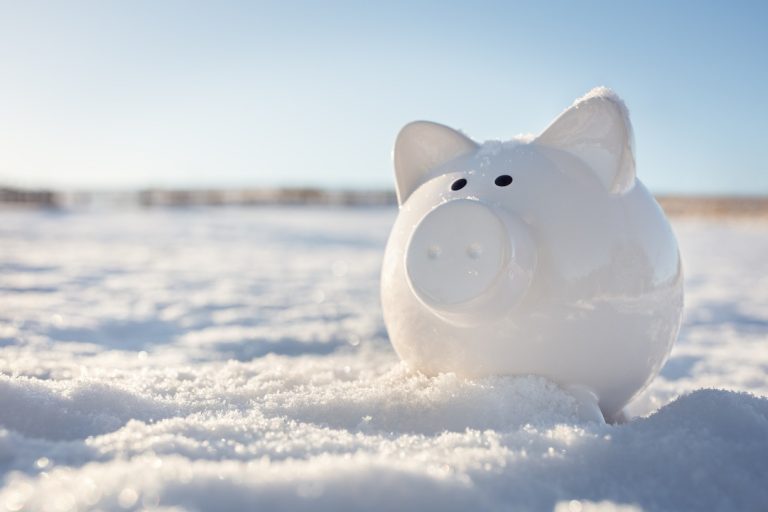 Piggy bank in the snow background, frozen assets.