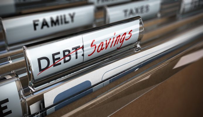 File folder tab with debt replaced by savings