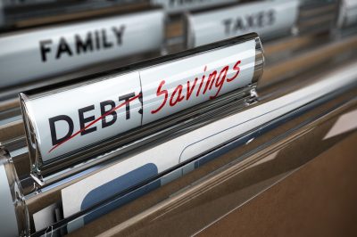 File folder tab with debt replaced by savings