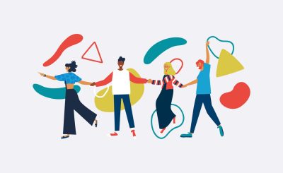 Happy diverse friend isolated with abstract shapes