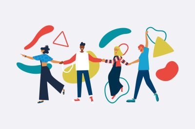 Happy diverse friend isolated with abstract shapes