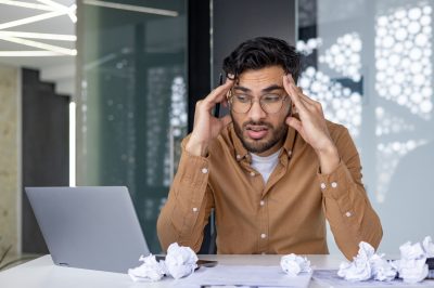 Man stressed looking at options for help with debt