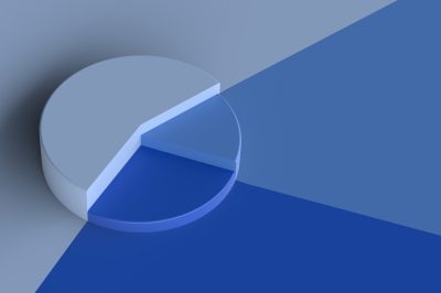 Pie chart in 3 option blue blank background, representing debt to equity ratio