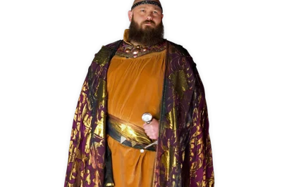 Viking king Erik wearing a gold and purple cape