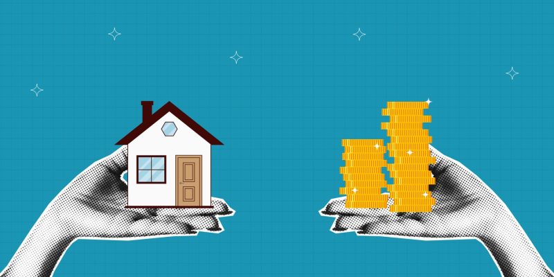 two hands, one with a home in it and another with coins. Home Equity Agreement concept