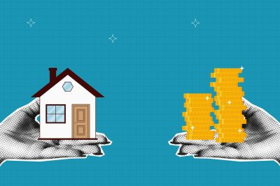 two hands, one with a home in it and another with coins. Home Equity Agreement concept