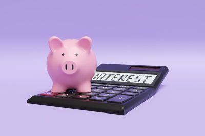 Pink piggy bank standing on a calculator on purple background. Illustration of the concept of interest