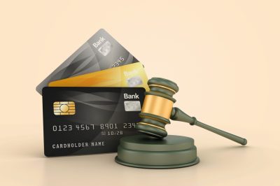 Legal Gavel with Credit Cards - Colored Background - 3D Rendering
