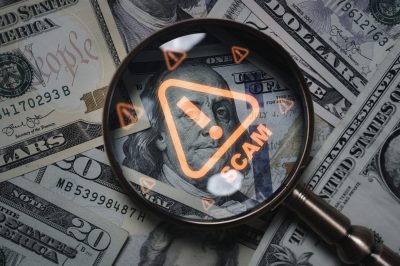 Magnifying glass focusing on scam warning symbol over dollar bills concept of financial fraud money laundering cybercrime and online scam alert for security awareness and finance protection