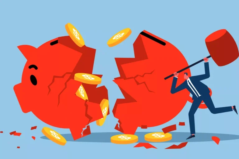 man breaking piggy bank