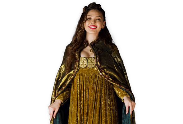 Viking Ingrid smiling and wearing a dress and long cape