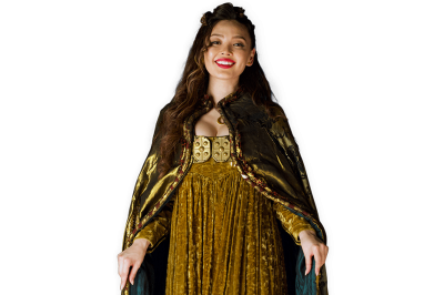 Viking Ingrid smiling and wearing a dress and long cape