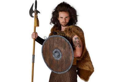 Viking warrior Ivar holding a spear and wooden shield