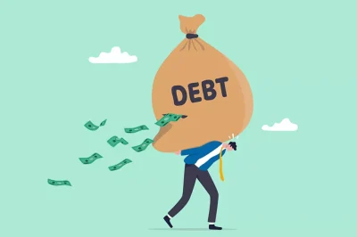 Illustration of man holding scale that's weighing debt to income ratio