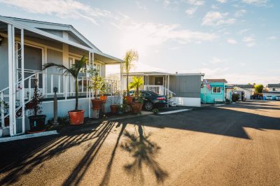 Mobile home park. A row of residential mobile park homes in a small town somewhere in California.