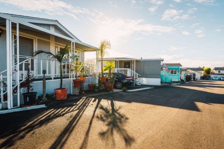 Mobile home park. A row of residential mobile park homes in a small town somewhere in California.