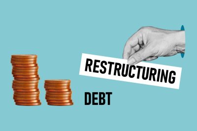 Debt restructuring is shown using the text. Collage with hand and coins
