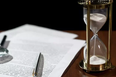 Image of paper and hourglass in legal setting