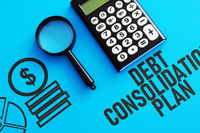 Blue background with calculator and text of "debt consolidation plan"