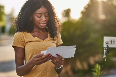 Woman receiving structured settlement payment via mail