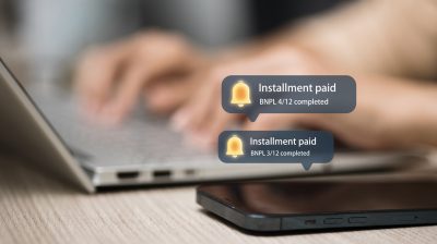 Digital BNPL Payment Notification, Installment Paid Message on Smartphone and Laptop