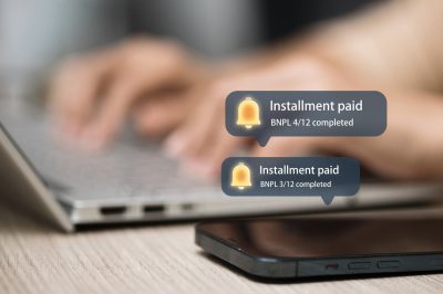 Digital BNPL Payment Notification, Installment Paid Message on Smartphone and Laptop