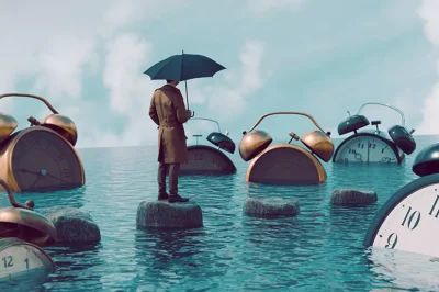Man with umbrella walking on stones