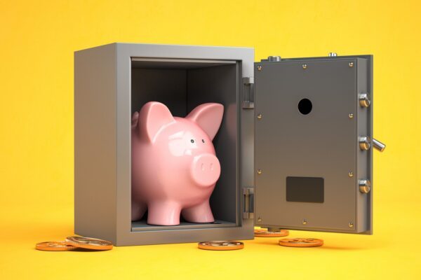 Piggy bank in vault safe. Secured Debt Imagery.
