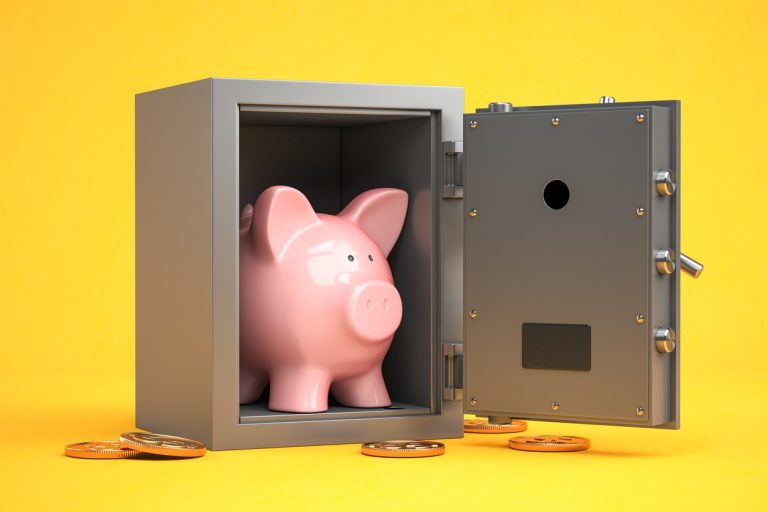 Piggy bank in vault safe. Secured Debt Imagery.